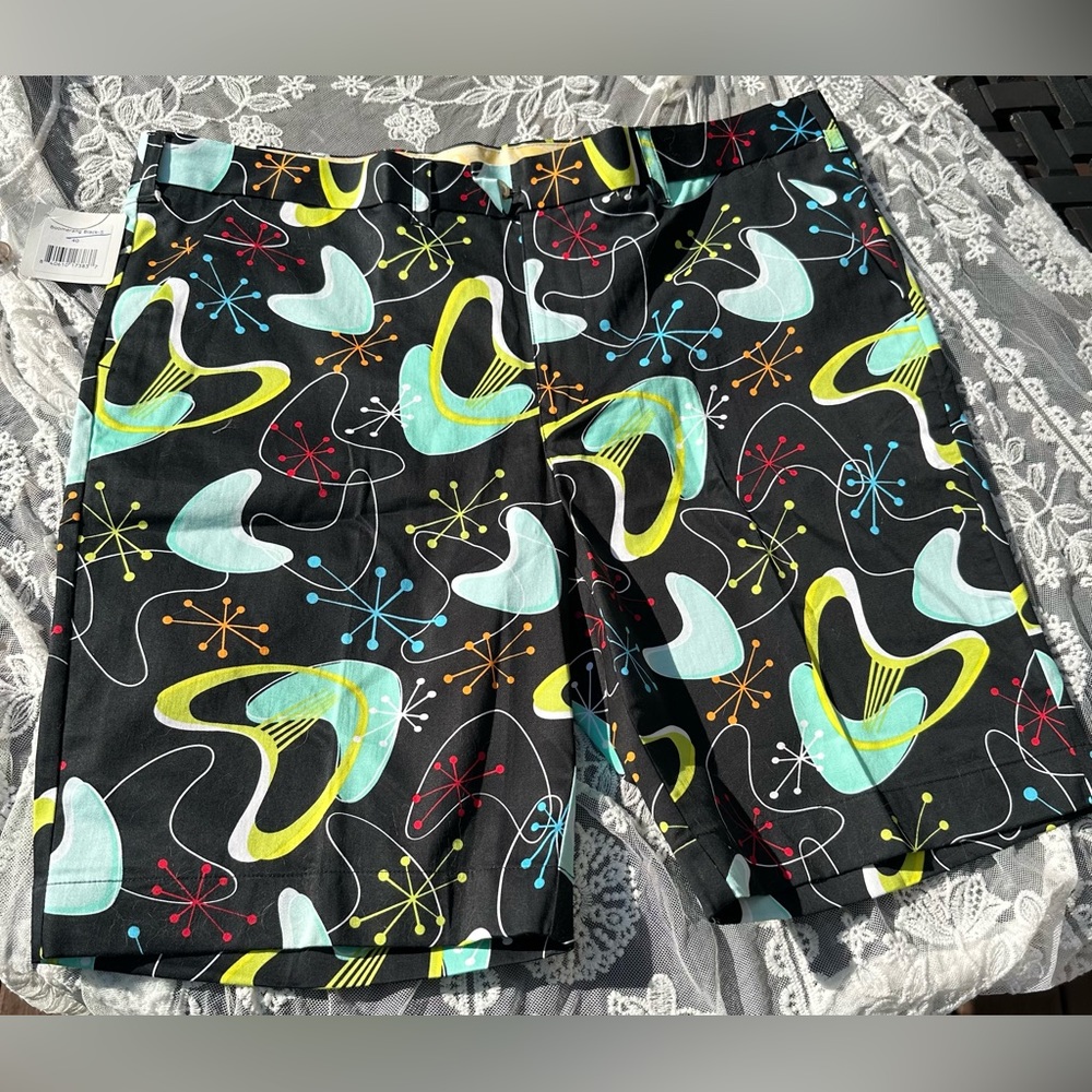Loudmouth Black Athletic Shorts with Turquoise, Lime & Multi-Color Atomic Print